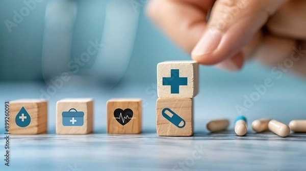Obraz Wooden Blocks with Medical Symbols on Natural Background