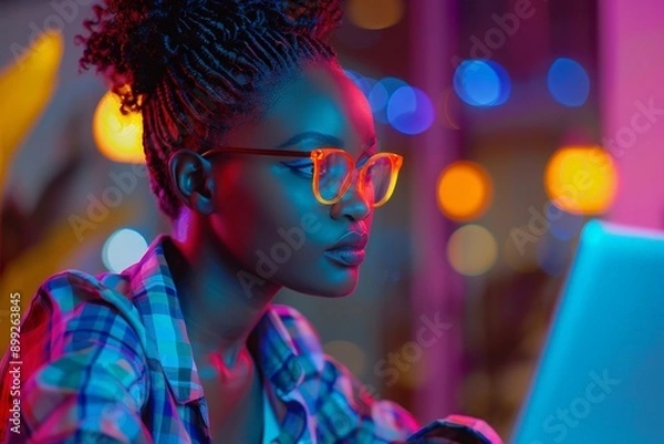 Fototapeta Ambitious African American Female Computer Programmer Working Late in Modern Office Setting