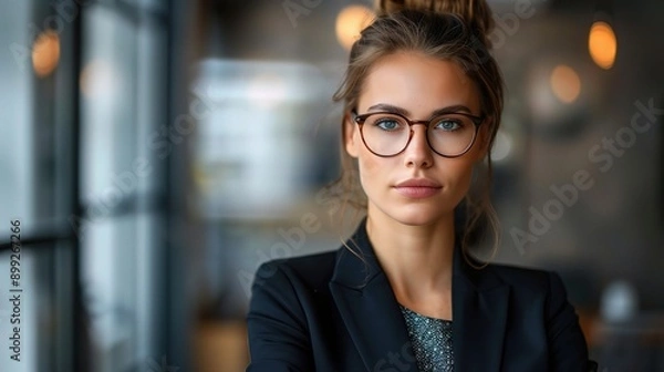 Fototapeta Serious, professional and woman in office, portrait and confidence for corporate employee or manager. Entrepreneur, company and career for attorney or law firm, pride and female person in workplace