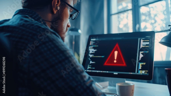 Fototapeta A man wearing glasses is sitting at his laptop, back view. looking at the screen which has an exclamation mark indicating something has occurred in screen