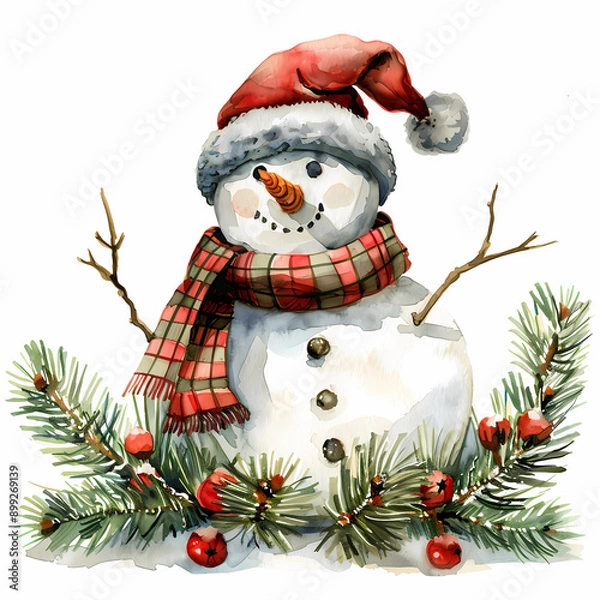 Fototapeta snowman and christmas tree isolated on white background, generated ai