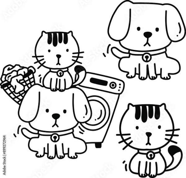 Obraz coloring cat and dog with cloths and laundry doodle