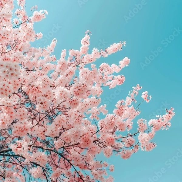 Fototapeta photograph of a lush blooming cherry blossom tree with delicate pale pink petals cascading against a cloudless cerulean sky captured with a professional grade DSLR crisp sharp A serene tranquil 