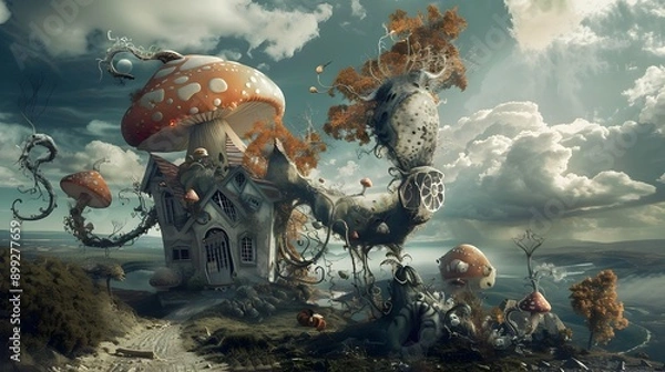 Fototapeta Surreal fantastical landscape featuring a composition of organic mushroom like creatures and other imaginative whimsical elements set against a captivating 