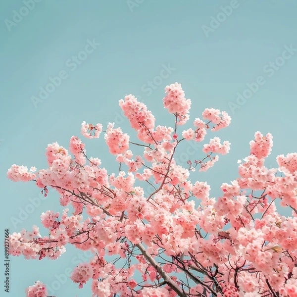 Fototapeta photograph of a lush blooming cherry blossom tree with delicate pale pink petals cascading against a cloudless cerulean sky captured with a professional grade DSLR crisp 