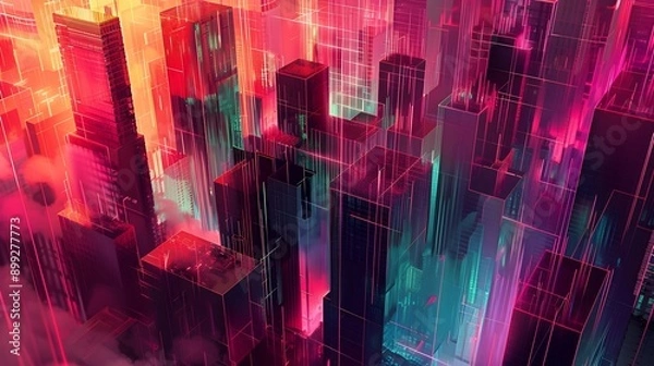 Fototapeta Surreal and striking cubist cityscape with towering geometric structures vibrant neon hues mesmerizing glitching effects and a moody cyberpunk inspired atmosphere 