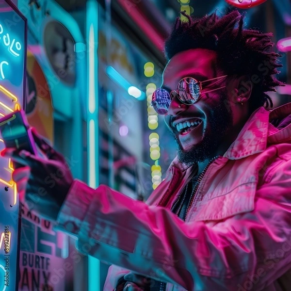 Fototapeta Closeup of a thrilled individual with a bright smile triumphantly pressing the  Buy Now  button on a futuristic touchscreen device surrounded by a dynamic neon infused urban landscape 