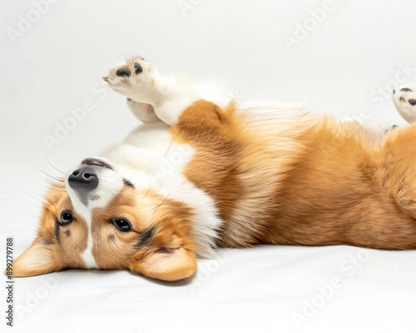Fototapeta cute portrait of a playful and cheerful corgi lying on its back against a light background, capturing its joyful and energetic nature for pet enthusiasts