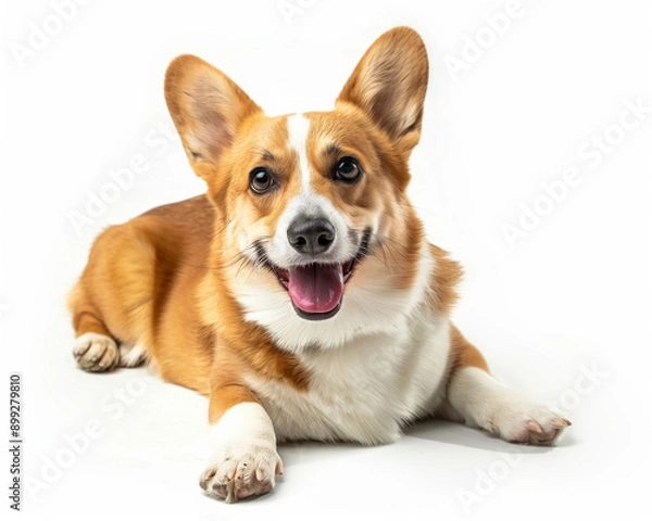 Obraz portrait of a beloved pet, studio shot of a red and white corgi lying on its stomach against a light background, highlighting its affectionate and charming personality