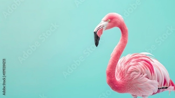 Fototapeta Pink flamingo on light blue background with copy space. Summer banner 