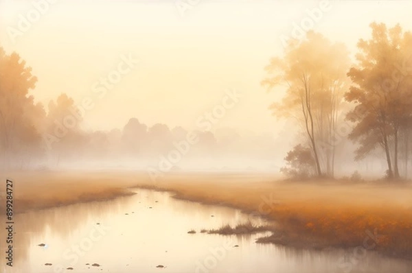 Obraz Autumn landscape with trees near the river in the fog, sepia