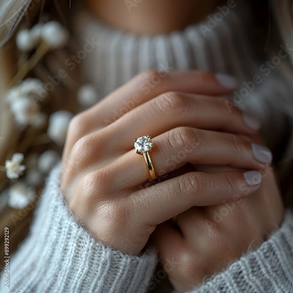 Fototapeta close up photo of a finger woman with a diamond ring on the finger with a minimalist background