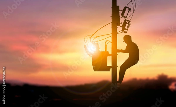 Fototapeta Electric engineer climb high pole sunset background