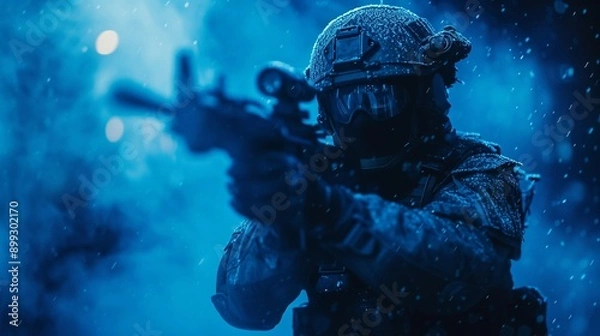 Fototapeta Black silhouettes of pair of soldiers in the smoke fire burning moving in battle operation. Back light