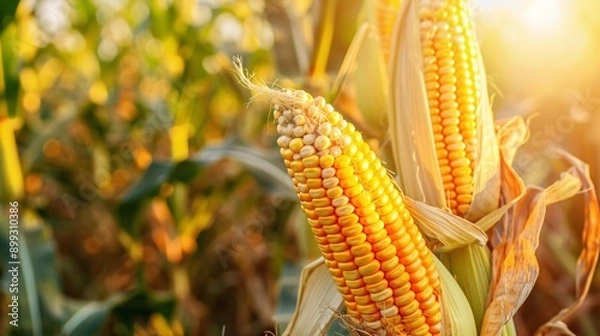 Fototapeta Ripe corn on the field at sunrise with copy space. close-up.