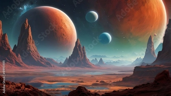 Obraz Alien Landscape with Multiple Moons and Rocky Mountains.