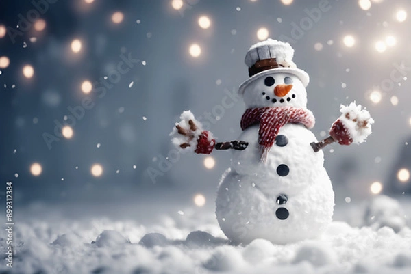 Fototapeta A joyful snowman in a snowy landscape with festive decorations, creating a merry holiday atmosphere