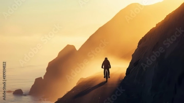 Fototapeta Traveler with coastal road and sunlight filtering through the ocean mist, highlighting the beauty and serenity of seaside journeys, banner, with copy space