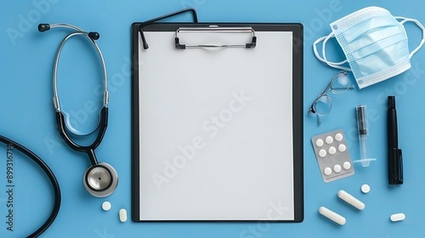 Fototapeta a clipboard with a blank sheet of paper, surrounded by medical supplies like a stethoscope, pills, a pen, glasses, and a face mask