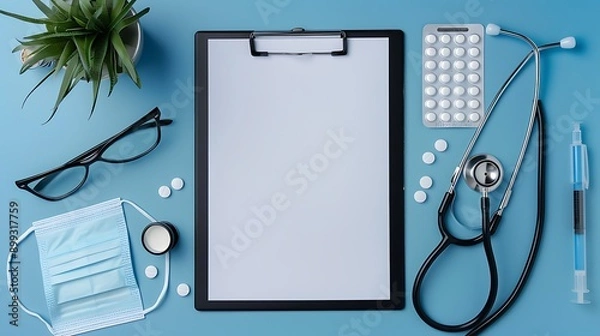 Fototapeta a clipboard with a blank sheet of paper, surrounded by medical supplies like a stethoscope, pills, a pen, glasses, and a face mask