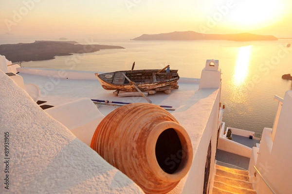 Obraz Stara łódź w Firostefani, Santorini