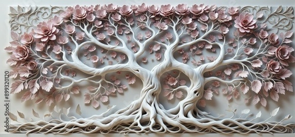 Fototapeta 3D rendering tree life design white wall is intricately carved