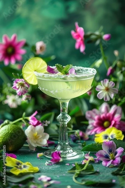 Obraz Beautiful summer cocktail with a garden background. Selective focus.