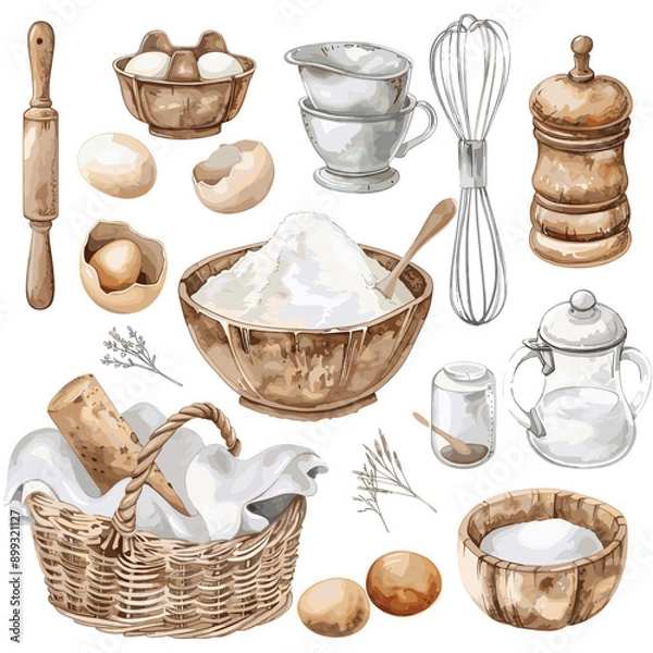Fototapeta A collection of watercolor illustrations of kitchen utensils, ingredients, and baking tools.