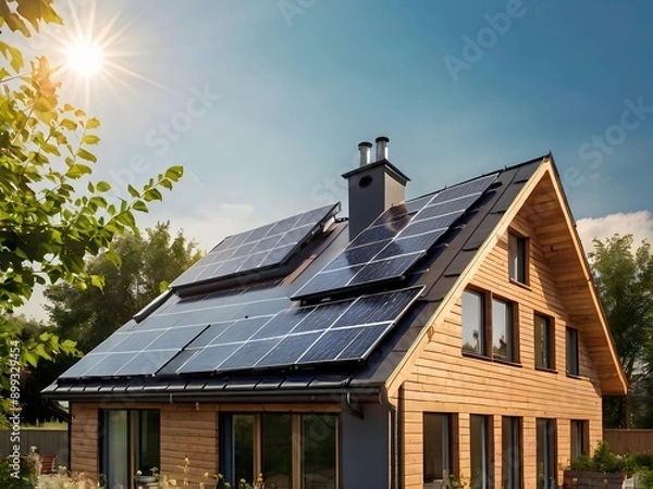 Fototapeta Close-up of a new suburban house with a photovoltaic system on the roof. Simple and modern environmentally friendly house with solar panels on the gable roof, with sunlight during the day