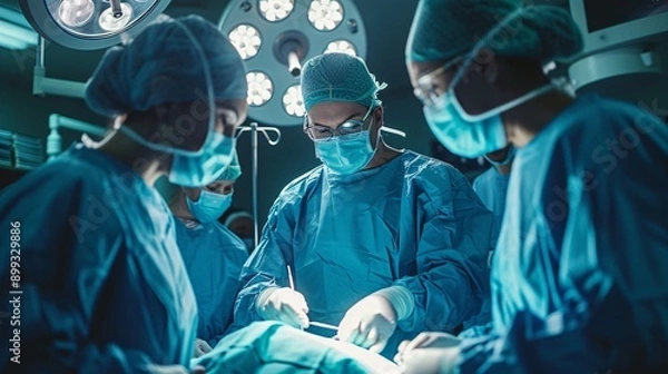 Fototapeta Focused medical professionals in scrubs and masks, collaborating during a critical surgery in a well-equipped operating room.