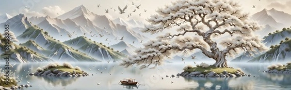 Fototapeta 3D rendering landscape scene tree center is made up white peacef
