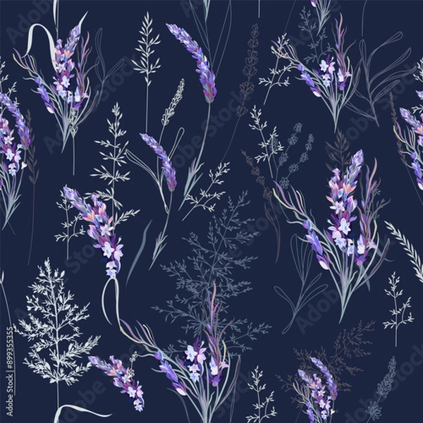 Fototapeta Lavender rustic seamless pattern with simple plants