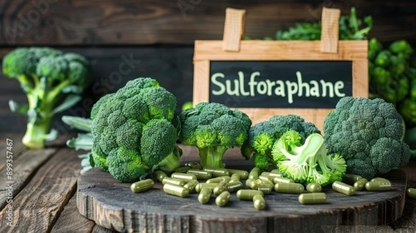 Obraz Broccoli and sulforaphane capsules. Selective focus.
