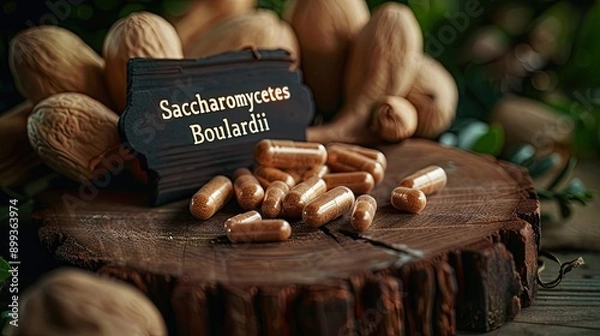 Obraz Saccharomyces boulardii capsules supplements on the table. Selective focus.