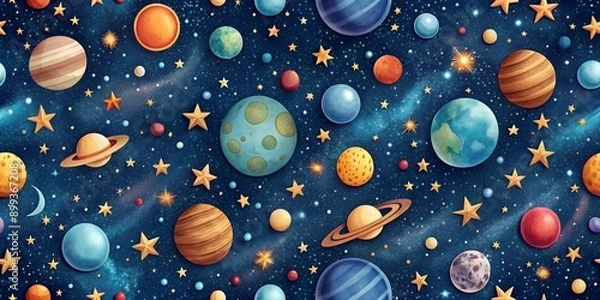 Obraz Galaxy pattern with stars and planets on a deep blue background Creative AI