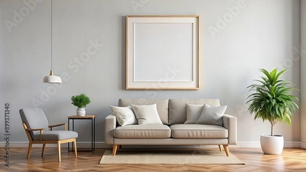 Fototapeta Blank picture frame hanging on living room wall with decorative mockup, empty, frame, wall decor