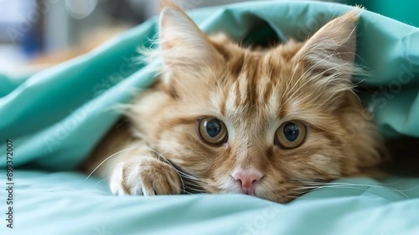 Fototapeta A cat sleeping on a hospital bed looking sad 