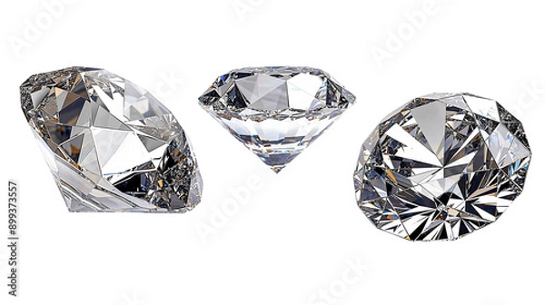 Fototapeta Sparkling Diamonds: Three flawless, pristine diamonds shimmer against a clean white backdrop, capturing the brilliance and clarity of these precious gems. The image evokes a sense of luxury, elegance,