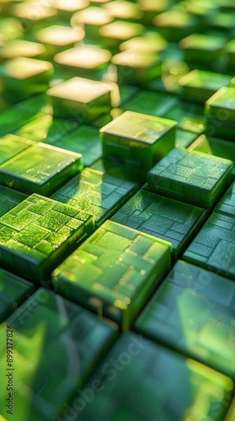 Fototapeta  A tight shot of green and yellow mosaic tiles, featuring a hazy imprint of a leafy plant in their midst