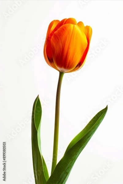 Fototapeta A single orange tulip with green leaves on a white background