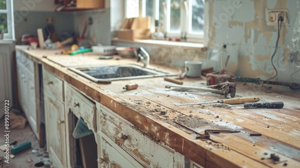 Fototapeta Installing a new kitchen countertop, tools scattered around