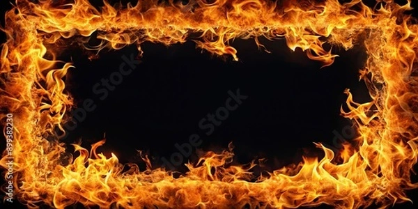 Fototapeta Fire frame on background, blaze, heat, flames, isolated, border, radiant, fiery, design, element, hot, burn, red