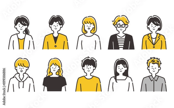 Obraz アイコン用など若い男女の人物（上半身）イラスト素材セット