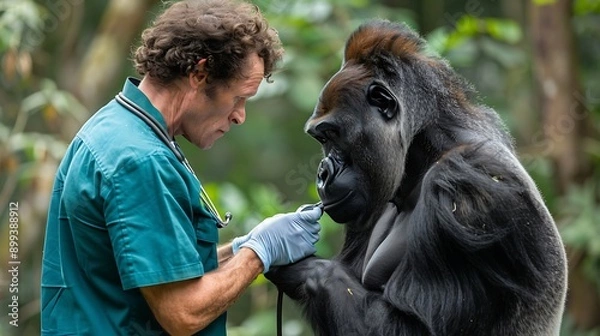 Fototapeta A veterinarian is examining a large gorilla with a stethoscope.
