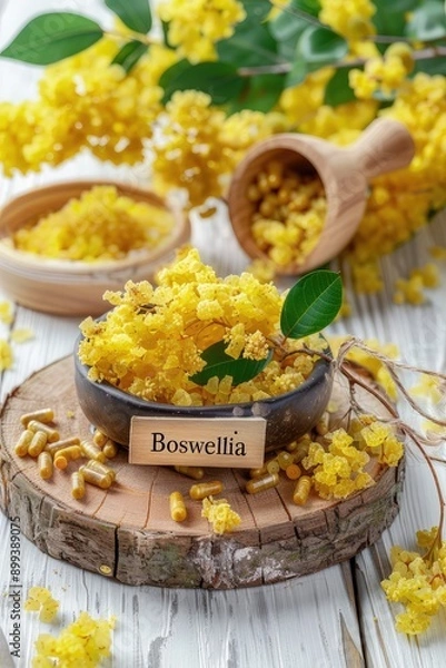 Obraz Boswellia and supplement capsules. Selective focus.