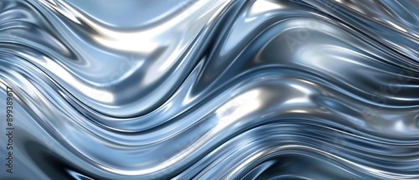 Fototapeta  A tight shot of a metallic surface, displaying undulating waves of blue and silver hues against a pristine white backdrop