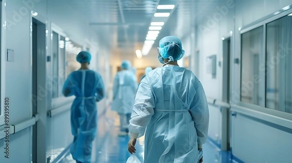Fototapeta The image shows  people in white coats walking down a hospital hallway.

