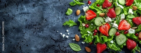 Fototapeta  A salad featuring strawberries, cucumbers, lettuce, and almonds against a blue backdrop