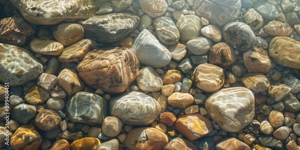Fototapeta An underwater view of smooth, polished river stones bathed in sunlight, creating a serene and tranquil atmosphere. The clear water and gentle light enhance the natural beauty