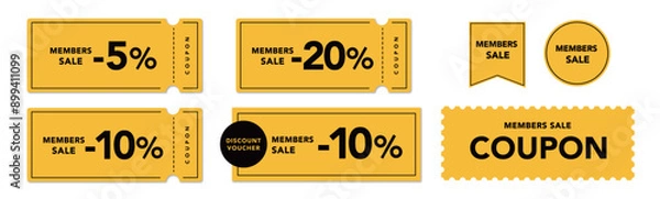 Fototapeta メンバーセールに使えるポップな黄色と黒のクーポンベクターアイコンセット2